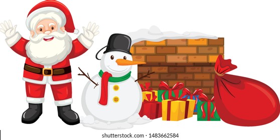 Santa claus and snowman by the chimney illustration