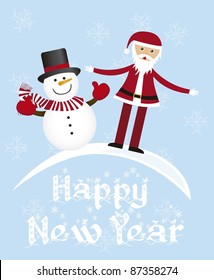 santa claus and snowman card over blue background. vector