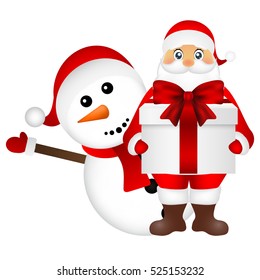 Santa Claus with snowman cartoon with a gift vector