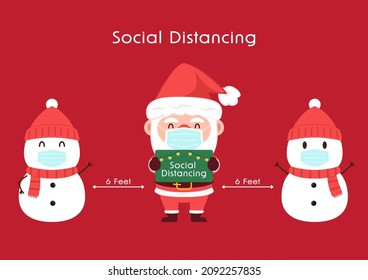 Santa Claus and Snowman cartoon. Social distancing poster. Face mask. Merry Christmas.