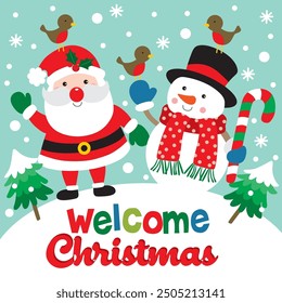 Santa Claus and Snowman Character For Christmas Card or Bag design