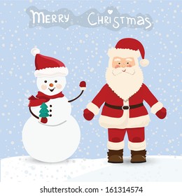 Santa Claus and snowman, christmas card in vector