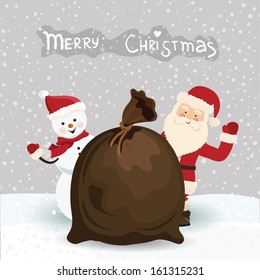 Santa Claus and snowman, christmas card in vector