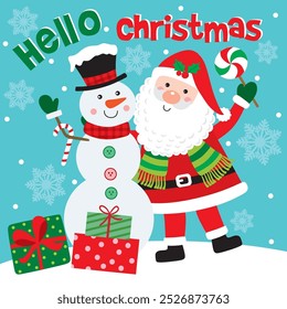 Santa Claus and Snowman For Christmas Card or Bag design