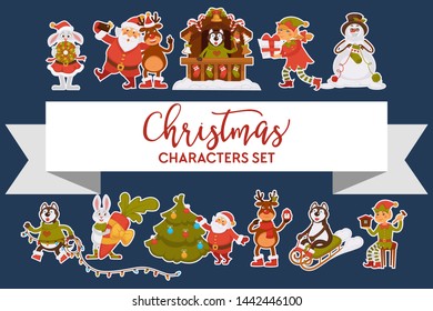 Santa Claus and snowman Christmas characters animals and elves vector bunny and Husky dog deer and Xmas tree decorated house and garland sledge and gift box winter holiday celebration Lapland.