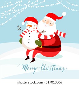 Santa Claus and a snowman, Christmas greeting card, vector illustration