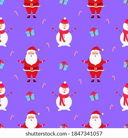 Santa Claus and the Snowman. Christmas and New Year's seamless pattern