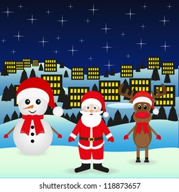 Santa Claus and Snowman Christmas reindeer in the night city