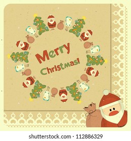 Santa Claus, snowman and Christmas tree on vintage background, Merry Christmas postcard in Retro style - vector illustration