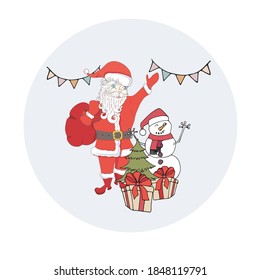 Santa Claus snowman christmas tree gift on blue circle sticker. Winter holiday art design stock vector illustration for web, for print, for fabric print
