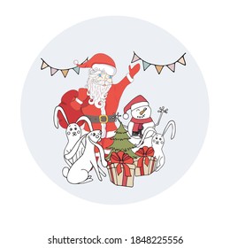 Santa Claus snowman christmas tree gift rabbit on blue circle sticker. Winter holiday art design stock vector illustration for web, for print, for fabric print