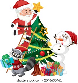 Santa Claus with snowman and Christmas tree illustration