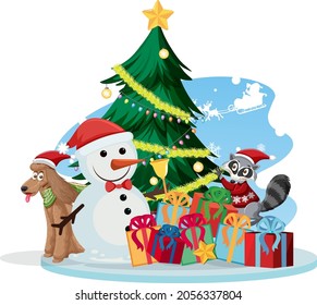 Santa Claus with Snowman and Christmas tree illustration