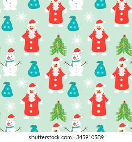 Santa Claus, snowman, Christmas tree. New Year, Christmas background, texture. Wallpaper with a blue background. Seamless.
