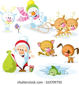 Santa Claus with snowman, cute Christmas animals - reindeer, cat, dog, bird and fish