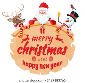 Santa claus, snowman and deer christmas characters. Scroll with wishes. Happy new year decoration. Merry christmas holiday. New year and xmas celebration. Vector illustration in flat style