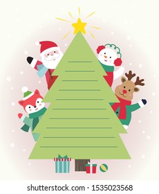 Santa Claus, snowman, deer, fox behind the Christmas tree.Vector illustration.Christmas card.