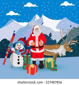 Santa Claus, snowman, deer and mountains background, vector illustration 