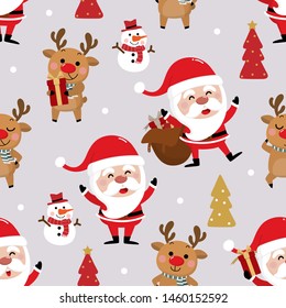 Santa Claus, snowman and deer seamless pattern. Christmas holidays cartoon character background. -Vector