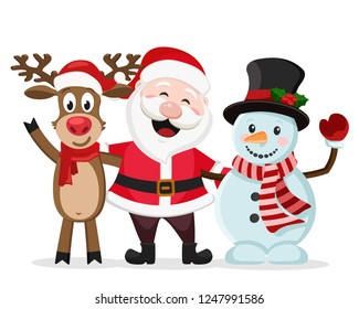 Santa Claus, snowman and deer stand in an embrace and smile on a white background.