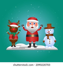 santa claus with snowman and deer. vector illustration
