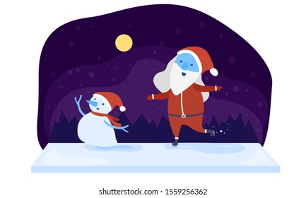 Santa Claus and snowman do ice skating on Christmas day, December 