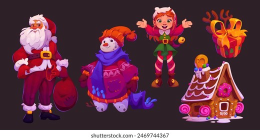 Santa Claus, snowman dressed, girl dressed festively, gift and gingerbread house