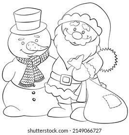 Santa Claus and snowman. Element for coloring page. Cartoon style.