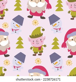 Santa Claus, snowman and elf hand drawn seamless pattern. Merry Christmas background. For wrapping paper, textile, scrapbooking, greetings, DIY projects.