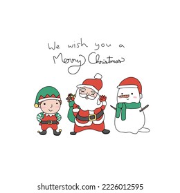 Santa Claus, snowman and elf, Merry Christmas cartoon vector illustration