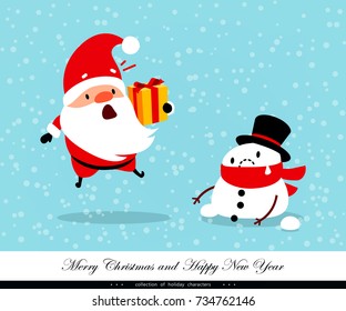 Santa Claus and Snowman. Emotional Christmas and New Year's characters. Weather, global warming, thaw, abnormal temperature. Humorous xmas collection. Vector illustration