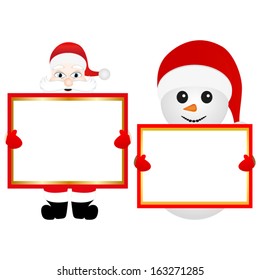 Santa Claus and snowman with empty banner for text