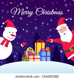 Santa Claus and snowman flat style design vector illustration postcard. Symbol of xmas holiday celebration isolated on bright snow background wish you a merry christmas and happy new year.