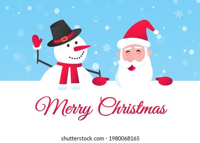 Santa Claus and snowman flat style design vector illustration postcard. Symbol of xmas holiday celebration isolated on bright snow background wish you a merry Christmas and happy new year.