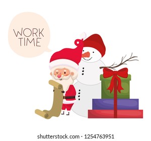 santa claus with snowman and gift boxes