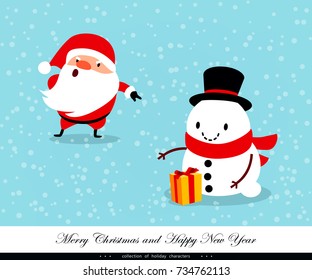 Santa Claus and Snowman with a gift. Emotional Christmas and New Year's characters. Humorous xmas collection. Good for congratulation card, banner, flayer, leaflet, poster. Vector illustration