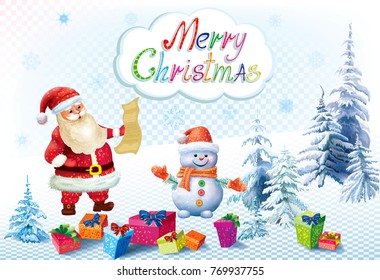 Santa Claus and snowman with gifts on transparent snowy background and decorated winter tree. Vector