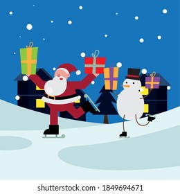 santa claus and snowman with gifts in skates vector illustration design