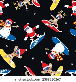Santa Claus, Snowman, Gingerbread and Christmas reindeer snowboarding in ski goggles and Santa Claus hat. Seamless pattern. Vector illustration.