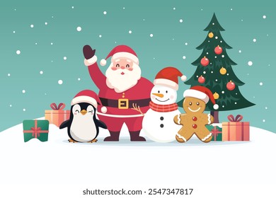 Santa claus with snowman gingerbreadman and penguin with christmas trees. Cute cartoon. Vector illustration