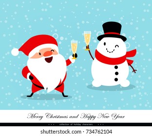 Santa Claus and Snowman with glasses of champagne. Emotional Christmas and New Year's characters. Humorous xmas collection. Good for congratulation card, banner, flayer, leaflet, poster. Vector