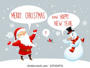 Santa Claus and snowman greetings. Winter holiday card.