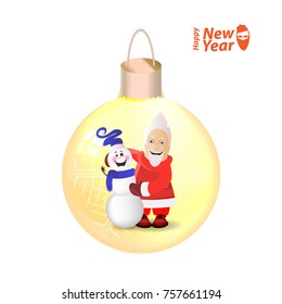 santa claus with a snowman in his hands in a glass New Year's ball. vector illustration for your design on a white background