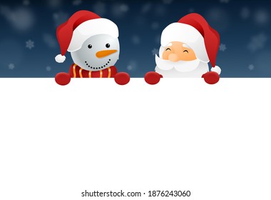 Santa Claus and snowman holding banners, billboards, Christmas 2020 isolate on snow  background graphic resources  for web , advertising, promote , sales New  Year, Birthdays, Special event, vector