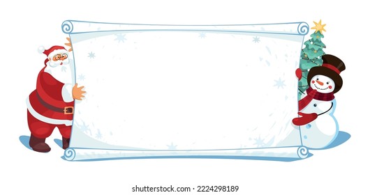 Santa Claus and snowman holding a placard with space for text, Christmas greetings banner, invitation. Cute cartoon vector characters for modern design isolated on white background.