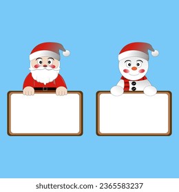santa claus and snowman holdingdisplayingdisplaying a blank white boardbannerposter. vector design illustration.
