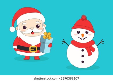 Santa Claus and Snowman icon set. Merry Christmas. Cute cartoon kawaii funny smiling baby character. Hands up. Gift box present with bow. Greeting card. Flat design. Blue background. Isolated. Vector