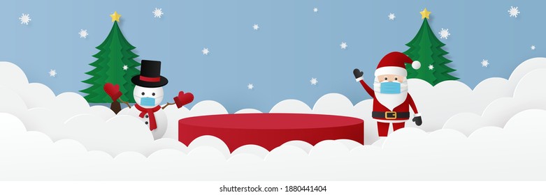 Santa claus and snowman keeping distance for infection risk disease with podium platform. Christmas cartoon character wearing face mask for prevent virus. Merry Christmas banner