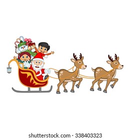 Santa Claus, Snowman and Kids Moving On The Sledge With Reindeer And Brings Many Gifts Vector Illustration