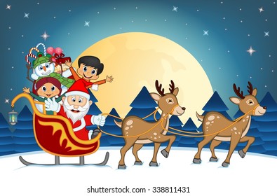 Santa Claus, Snowman and Kids Moving On The Sledge With Reindeer And Brings Many Gifts, Christmas Tree and Full Moon At Night For Your Design Vector Illustration